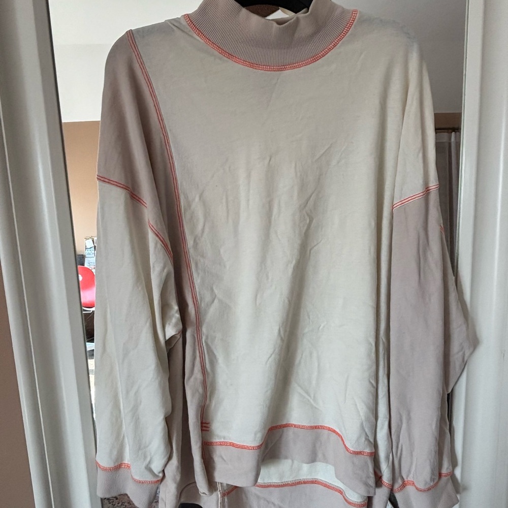 Beige and Coral Stitching Oversized Sweater